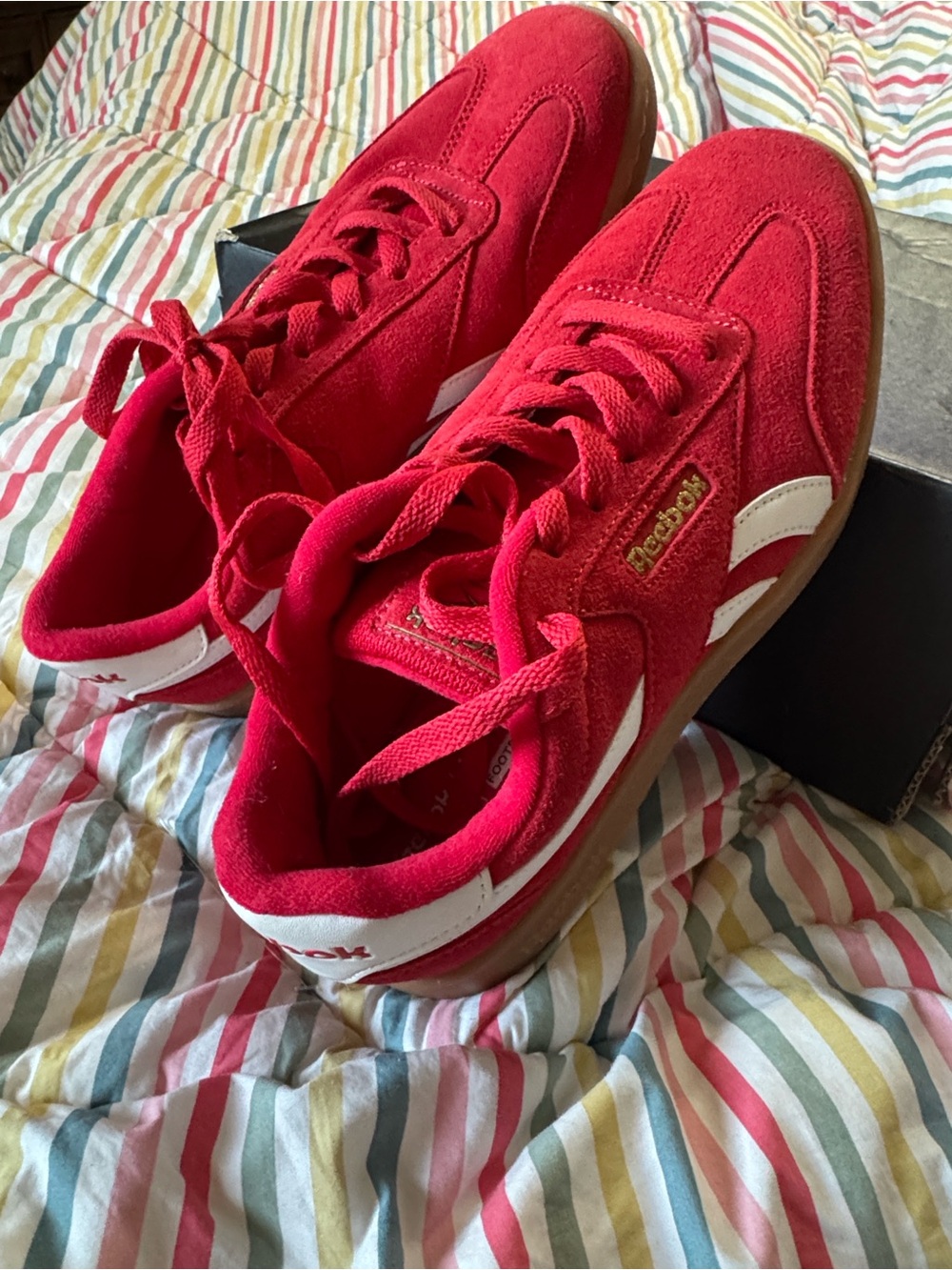 Reebok Red Suede Sneakers with White Stripes and Gum Sole - Picture 6 of 11